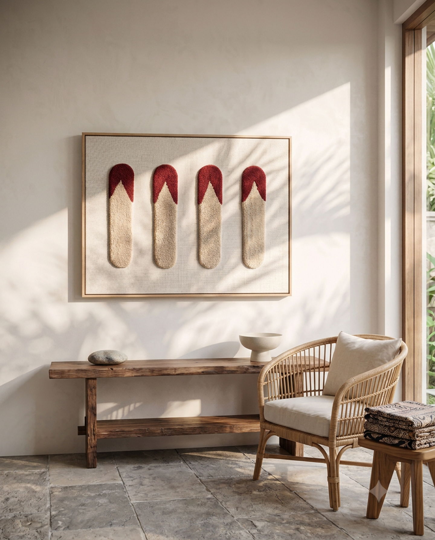 Allumettes textile artwork hanging above a wooden bench