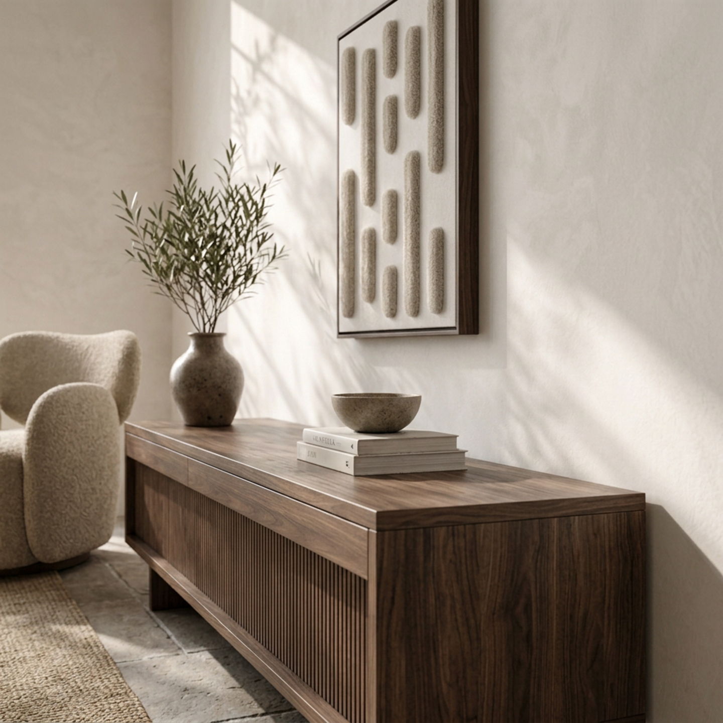 Pride seen from the front above a walnut credenza