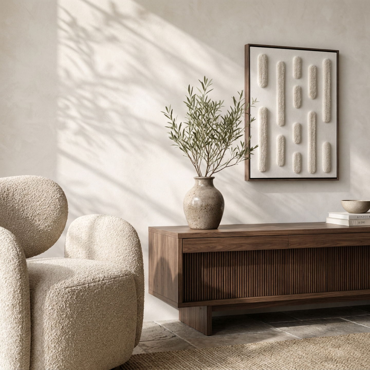 Pride in a living room corner with a boucle armchair