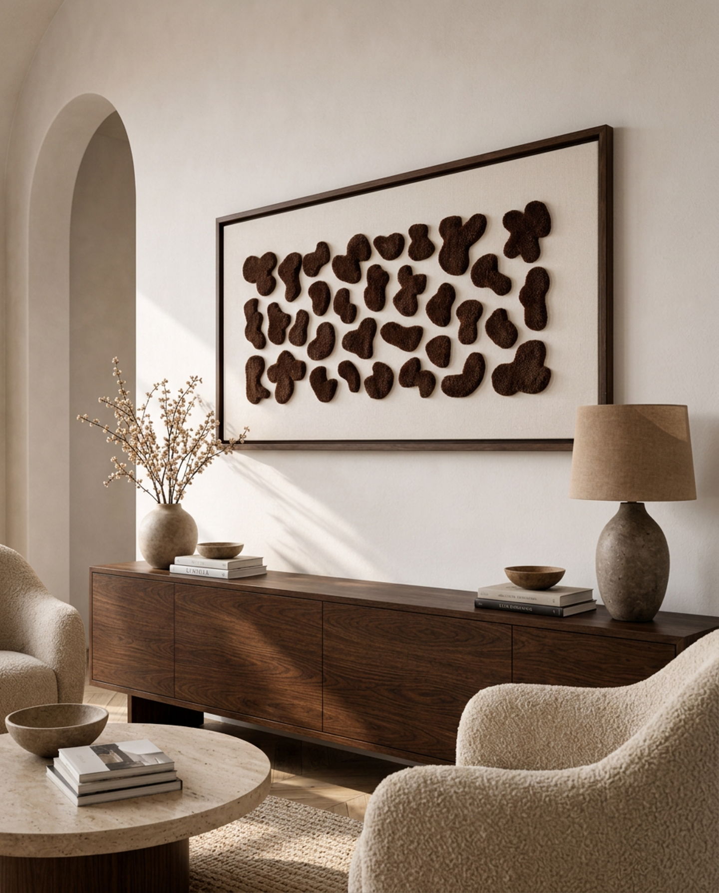 Raw Nature textile artwork above a dark wood credenza